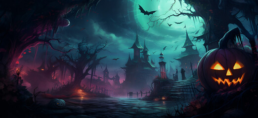 a Scary Place with Wooden Abandoned Houses with some Mysterious Light On. Halloween.