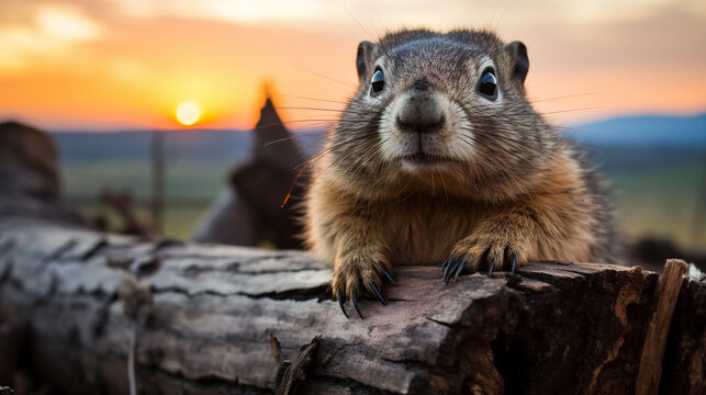 A groundhog perched on a tree stump, silhouetted against a fiery sunrise on Groundhog Day, creating a dramatic and vibrant image