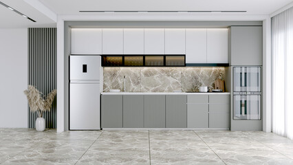 Modern Contemporary  kitchen room interior . gray color material 3d render
