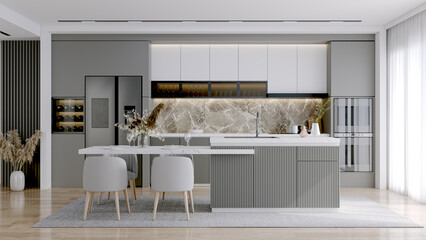 Modern Contemporary  kitchen room interior . gray color material 3d render