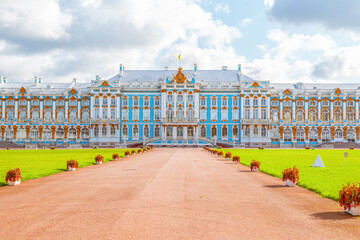 The majestic and beautiful Catherine Palace in Pushkin (Tsarskoe Selo) in golden autumn.