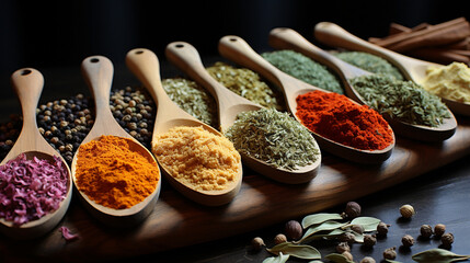 Wide top view banner wallpaper photo of spices on in spoons with various traditional Sri Lankan spicy powders on a wooden table in manner  