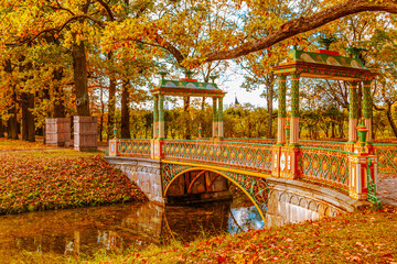 Bridge over the canal in Alexander Park in golden autumn. Pushkin (Tsarskoe Selo)