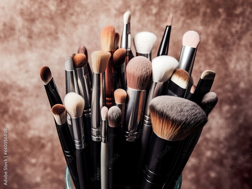 Wall mural Assorted makeup brushes with copy space, beauty artist workspace, bunch of different brushes on blurred background