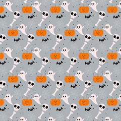 Halloween pattern background with skulls, pumpkins, bones, bats, spider webs and cute ghost characters