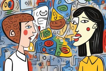 Conversation between a white boy and an Asian woman. Naive close-up illustration of a teenage student and a teacher discussing something