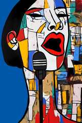 Passionate performance of a talented female singer into a microphone. Cubist portrait of a white woman singing or reading poetry on stage