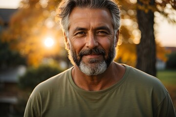 full body portrait of senior black bearded male with short grey hair, wearing white t-shirt during late autumn sunset with a sunflares in the background. Generative AI.