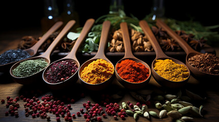 Wide top view banner wallpaper photograph of spices on in spoons with various traditional Asian spicy powders on a wooden table in manner  