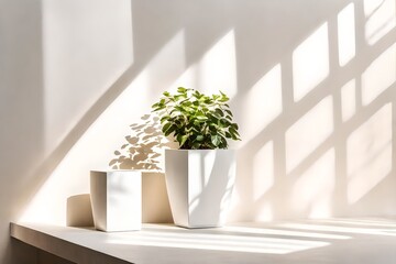 plant in a vase,A modern, minimal square wooden podium with a white ceramic potted plant on a white counter table in dappled sunlight and shadow on a white wall