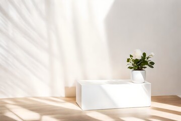 plant on a table,A modern, minimal square wooden podium with a white ceramic potted plant on a white counter table in dappled sunlight and shadow on a white wall