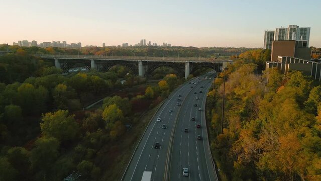 An overhead view of the Don Valley Parkway near the Bloor Danforth Viaduct