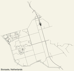 Detailed hand-drawn navigational urban street roads map of the Dutch city of BORSSELE, NETHERLANDS with solid road lines and name tag on vintage background