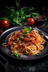 spaghetti with tomato sauce and basil - generative ai