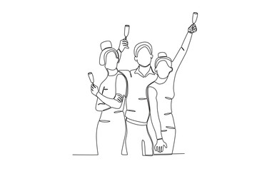 Three people party to celebrate the new year. New years eve one-line drawing