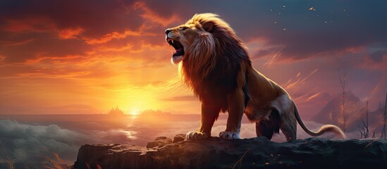 A lion silhouette rules over a colorful animal kingdom amidst a surreal sunset With copyspace for text