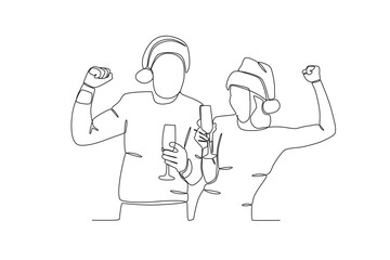 Two people feasting on drinks. New years eve one-line drawing