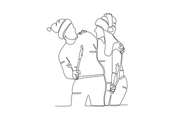Fototapeta na wymiar A couple celebrates the new year intimately. New years eve one-line drawing