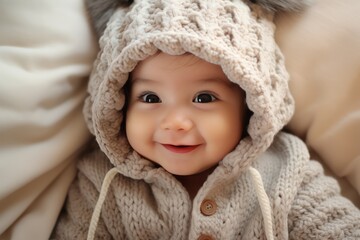 Fototapeta na wymiar Close up portrait of cute infant baby in knitted baby clothes