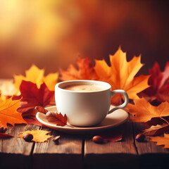 Coffee cup nestled among autumn leaves on a wooden table, with a softly blurred fall autumn background. High quality photo