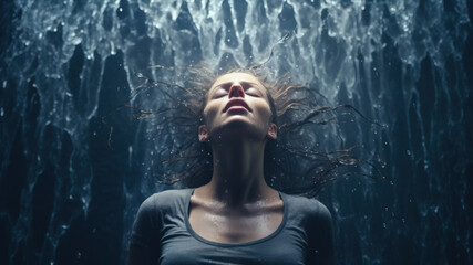 Young woman with wet hair in a dark cave with water stream. - obrazy, fototapety, plakaty