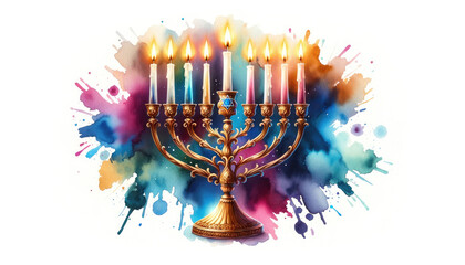 Watercolour illustration of Menorah candelabra. Tradicional Jewish holiday Hanukkah symbol. Festival of Lights. - obrazy, fototapety, plakaty