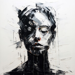 Portret głowy kobiety w czarnych barwach namalowany farbą olejną na białym tle. Depresja, zdrowie psychiczne, sztuka terapeutyczna.