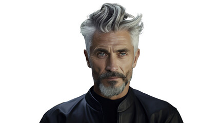Portret przystojnego dojrzałego mężczyzny, siwe włosy i broda, przezroczyste tło. - obrazy, fototapety, plakaty
