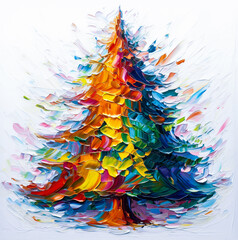 Kolorowa choinka bożonarodzeniowa na białym tle namalowana grubą warstwą farby olejnej. 