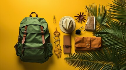 Summer vacation with lifestyle objects, bags, shoes, hats, palm leaves, Flat lay, top view.