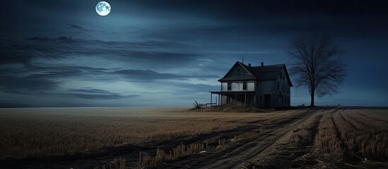 Abandoned farm house in moonlight with an eerie atmosphere With copyspace for text