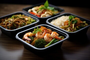 Ready to eat modern Thai food in take away plastic boxes. - obrazy, fototapety, plakaty