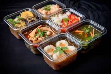 Fototapeta na wymiar Ready to eat modern Thai food in take away plastic boxes.