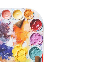 Palette with paints and paintbrushes on a transparent background