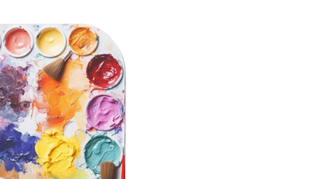 Palette with paints and paintbrushes on a transparent background