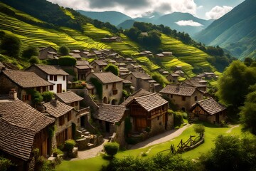 houses in the mountains,A picturesque mountain village, nestled among lush green hills, with charming houses that seem to have stories of their own