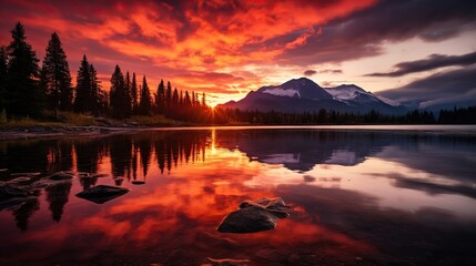 colorful dramatic red sky with majestic red sunlight clouds at night