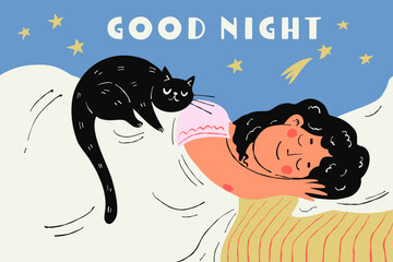 A woman and a cat are sleeping.