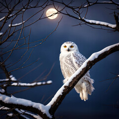 Snowy owl perched on tree with branch snow and full moon in dark blue sky
