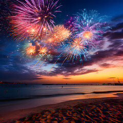 Outdoor decoration and seasonal greeting with fireworks, hearts, light, sunset