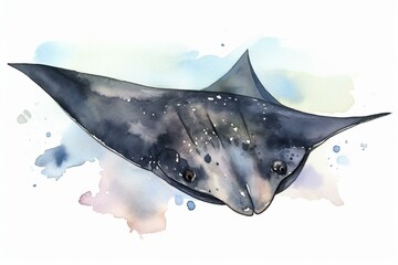 Watercolor illustration of a black manta ray swimming in an isolated ocean, depicted on a white background. Generative AI - obrazy, fototapety, plakaty