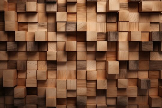 Textured wall background with wooden tiles. Rectangular wallpaper with natural blocks. 3D. Generative AI