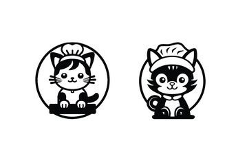 cute cat chef black and white logo vector