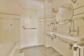 a bathroom with a sink, mirror and bathtub on the wall next to it is an open shower stall