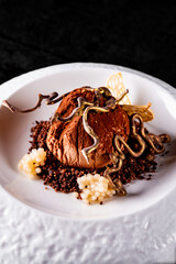 chocolate dessert in white bowl