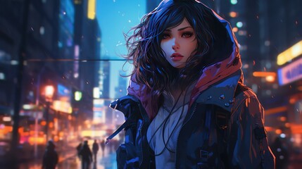 girls in anime style against the backdrop of a neon cyberpunk city