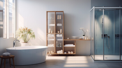 Fototapeta na wymiar Bathroom with a freestanding tub and a glass-tiled shower and an illuminated vanity