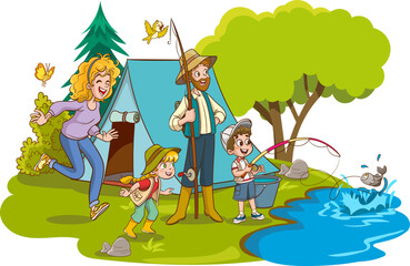 vector illustration of family camping and fishing