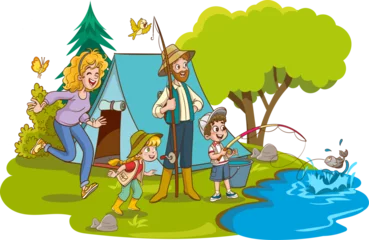 Fotobehang vector illustration of family camping and fishing © serkan