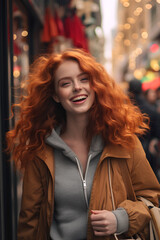 Fototapeta premium Beautiful red-haired smiling young girl in a brown coat on the street at the New Year's fair on a background with garland, lights, bokeh. Christmas, New Year joy concept